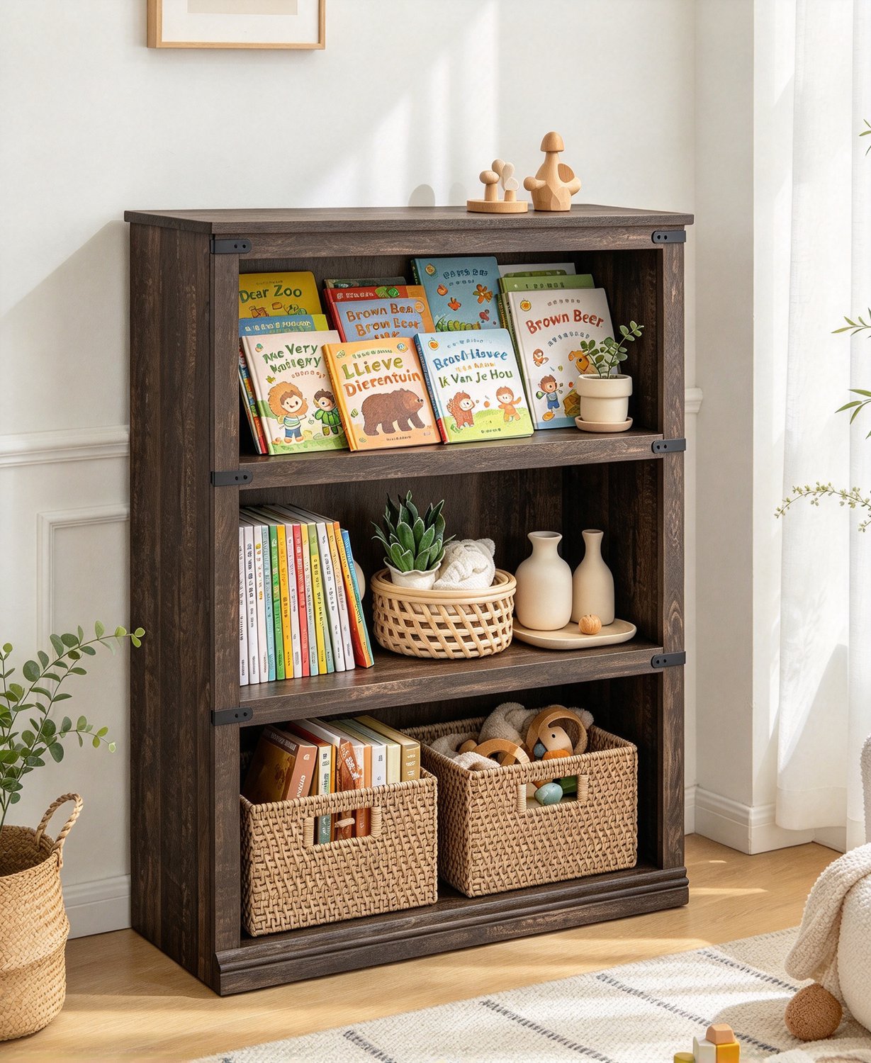 Triumpunpre Vintage 3-Lagen Boekenkast – 80x31x101 cm – Rustieke Opbergkast met Open Schappen – Landelijke Stijl – Voor Woonkamer, Slaapkamer & Kantoor – Donker Eiken