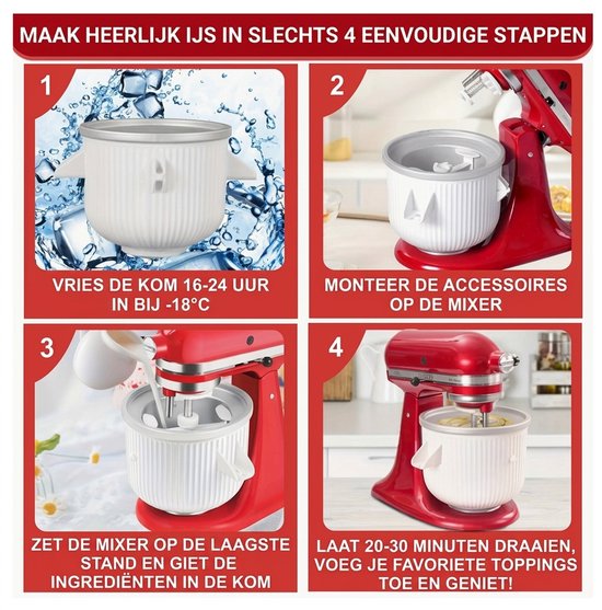 IJsmachine Opzetstuk Geschikt voor KitchenAid Keukenmixers - 1.9L / 2QT Roomijs Maker Accessoire - Inclusief Vrieskom & Mengarm — afbeelding 4