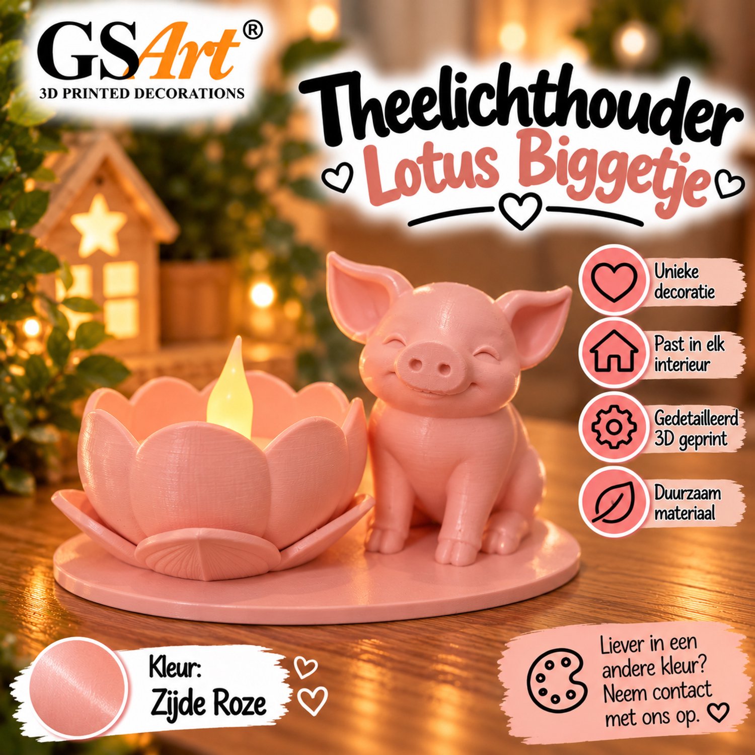 GSArt Theelichthouder Lotus Biggetje – Inclusief LED Theelichtje – 3D Geprint - Zijde Roze
