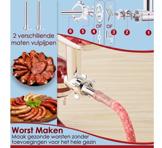 Metalen Voedselmolen Opzetstuk Geschikt voor KitchenAid Keukenmachine - Vleesmolen & Worstvuller Accessoireset met 4 Maalschijven & 3 Mesjes — afbeelding 3