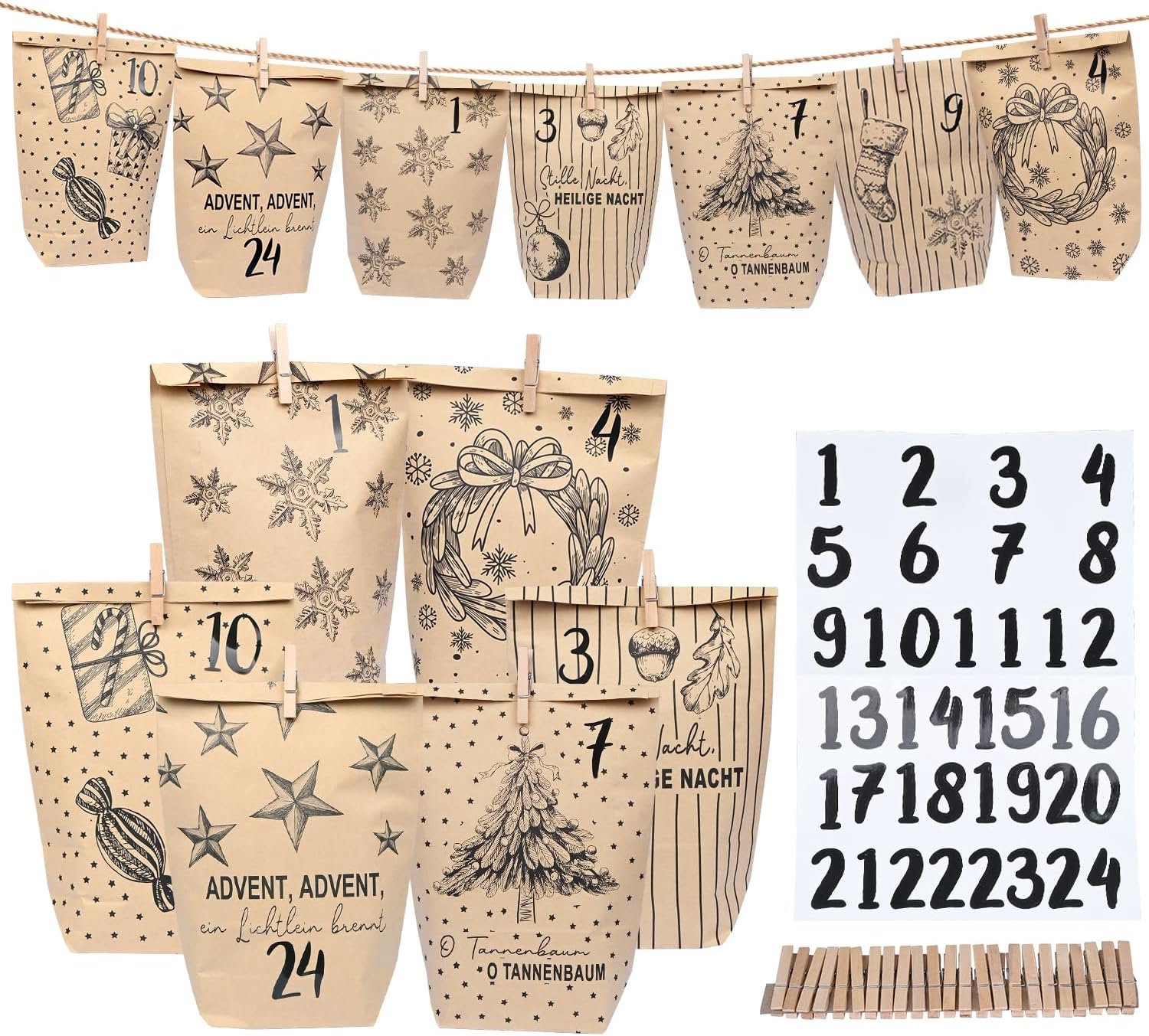 Kerstkalenders 24 stuks - rundleer kleur - cadeauzakjes - perfect voor de feestdagen - ServiceTopper