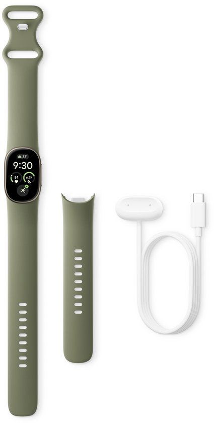 Fitbit Edge met extra bandje en oplaadkabel op een witte achtergrond.