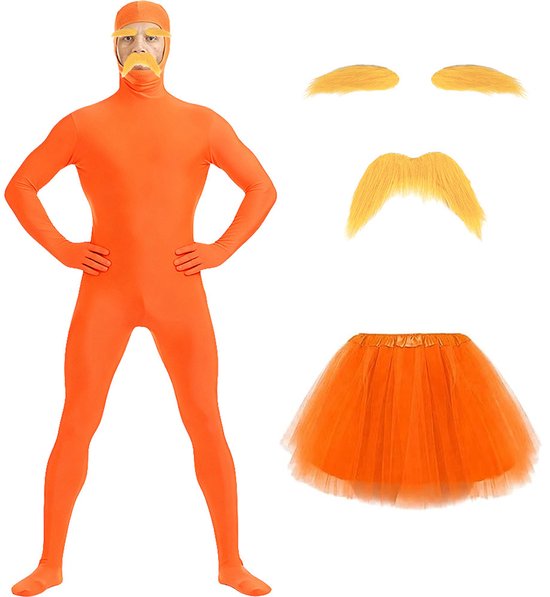 Persoon in oranje full-body kostuum met gele wenkbrauwen, snor en een bijpassende oranje tule rok.