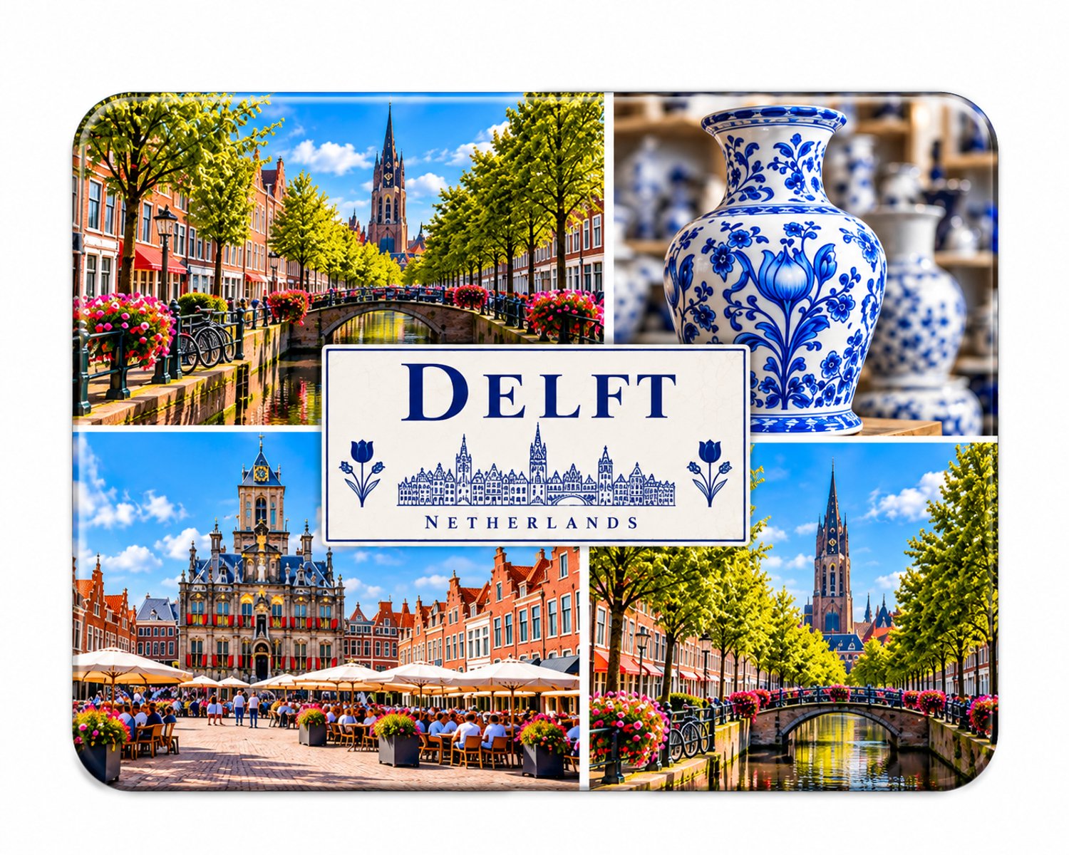 Delft Koelkastmagneet MDF 9 x 7 cm – Souvenir met Grachten, Marktplein en Delfts Blauw