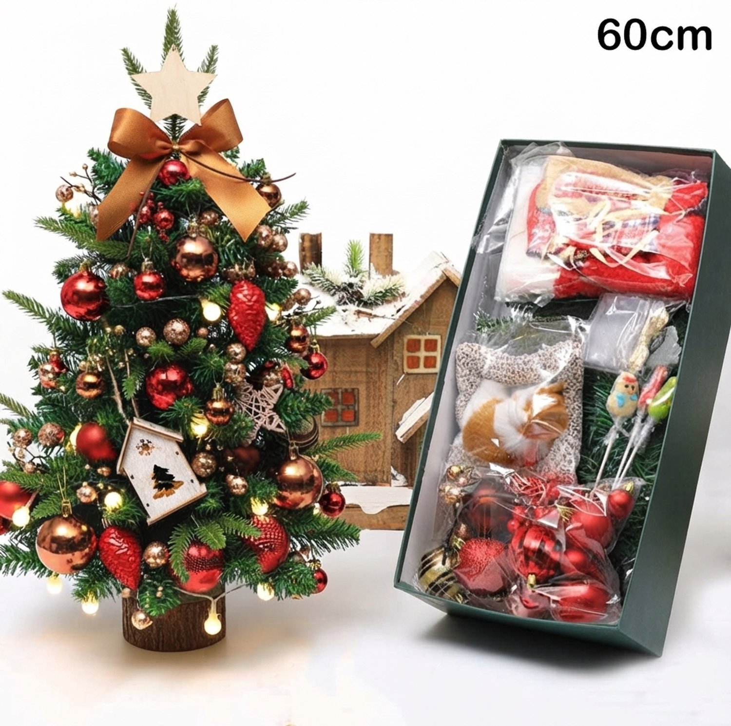 Meedeer Mini Kerstboom-60 cm-Kerstboomset met led-Met Kerstballen en Kerst accessoires-Kattenknuffels+kerstsokken-Kerstversiering-Kerstdecoratie