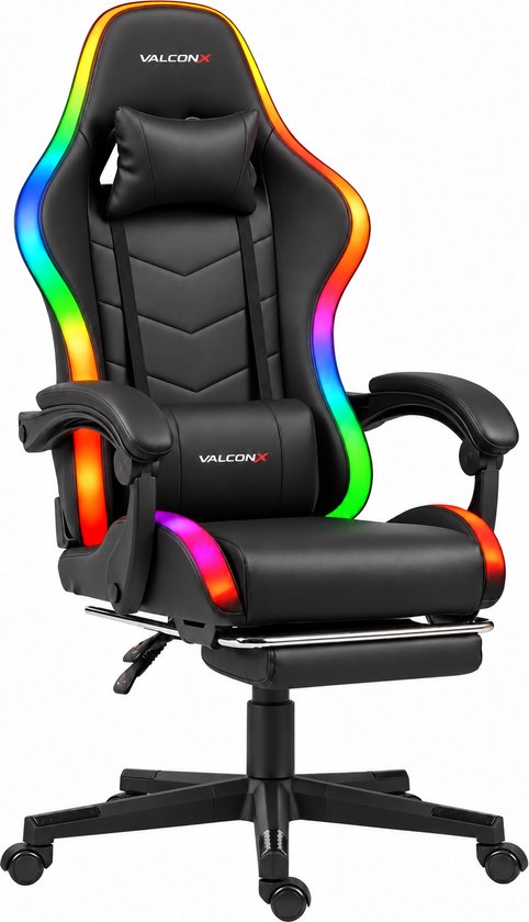 Zwarte VALCONX gamingstoel met kleurrijke RGB-verlichting aan de zijkanten en een uitschuifbare voetsteun.