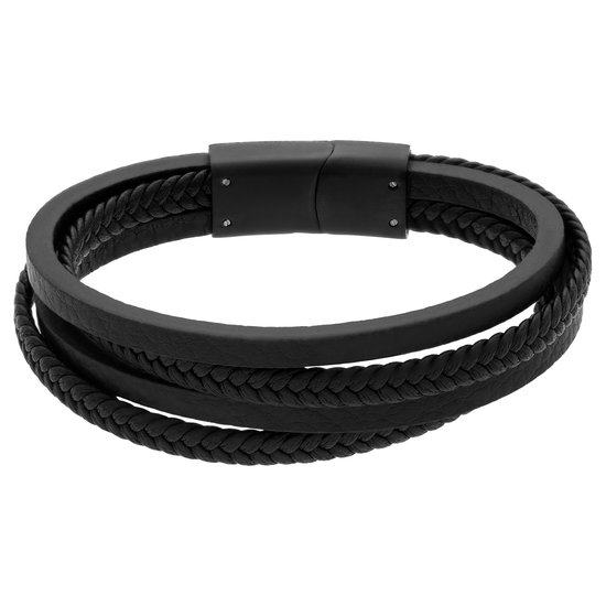 Zwarte armband van gevlochten en glad leer met een roestvrijstalen magnetische sluiting.