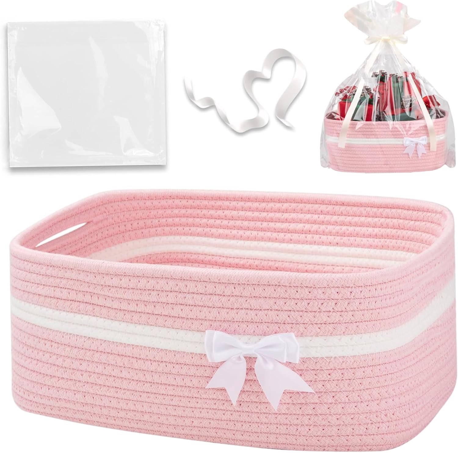 KZQ Cadeaumand - Lege mand - Met handvat - Inclusief doorzichtige zak en lint - Geschikt voor verjaardagen, Kerstmis, feestjes, enz. - 35 x 25 x 15 cm - Roze