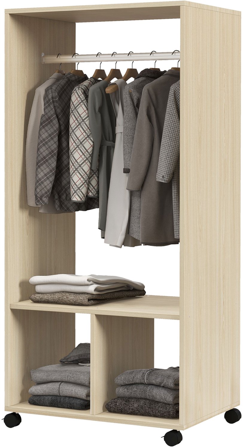 TEKROA® Kledingkast – Kledingroede, legplank, 2 vakken, 4 zwenkwielen – 60 L x 40 B x 128 H cm – Lichtbruin
