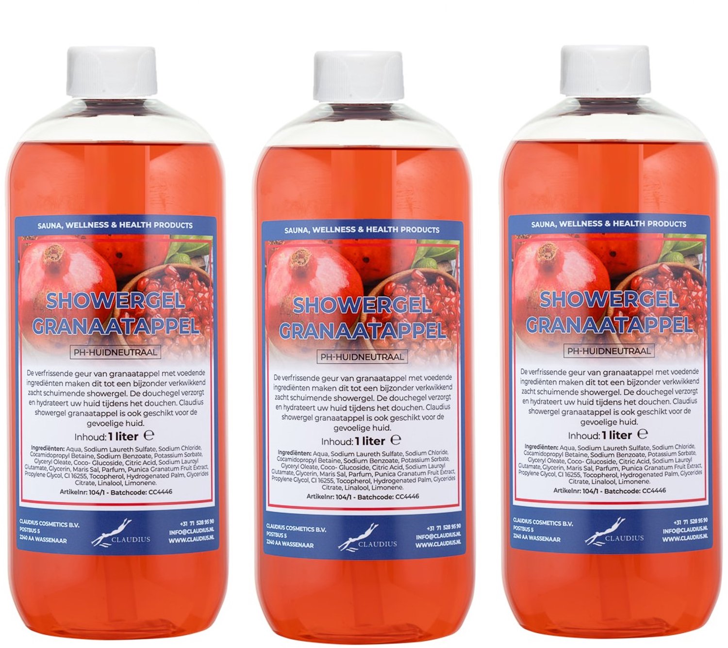 Claudius Douchegel Granaatappel 1 liter - set van 3 stuks - showergel - navulling - voordeelverpakking