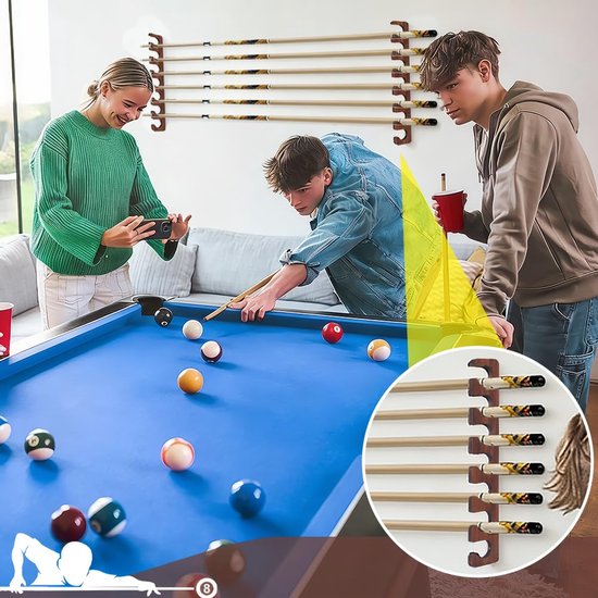 2 stuks wandmontage zwembad stickhouder, houten zwembad keu rek wandgemonteerde biljart keu houder pooltafel accessoires organisator houdt tot 7 keuen stok voor biljartkamer of club, 43,1 x 7 — afbeelding 3