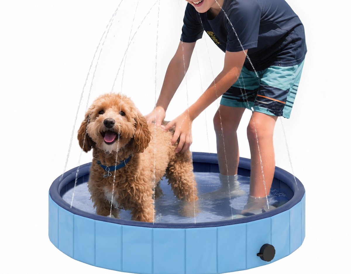 TEKROA® Hondenbadje Met Sproeier - Honden Badje - Hondenbad Opvouwbaar - Antislip En Slijtvast PVC, Ø80x20 cm - lichtblauw