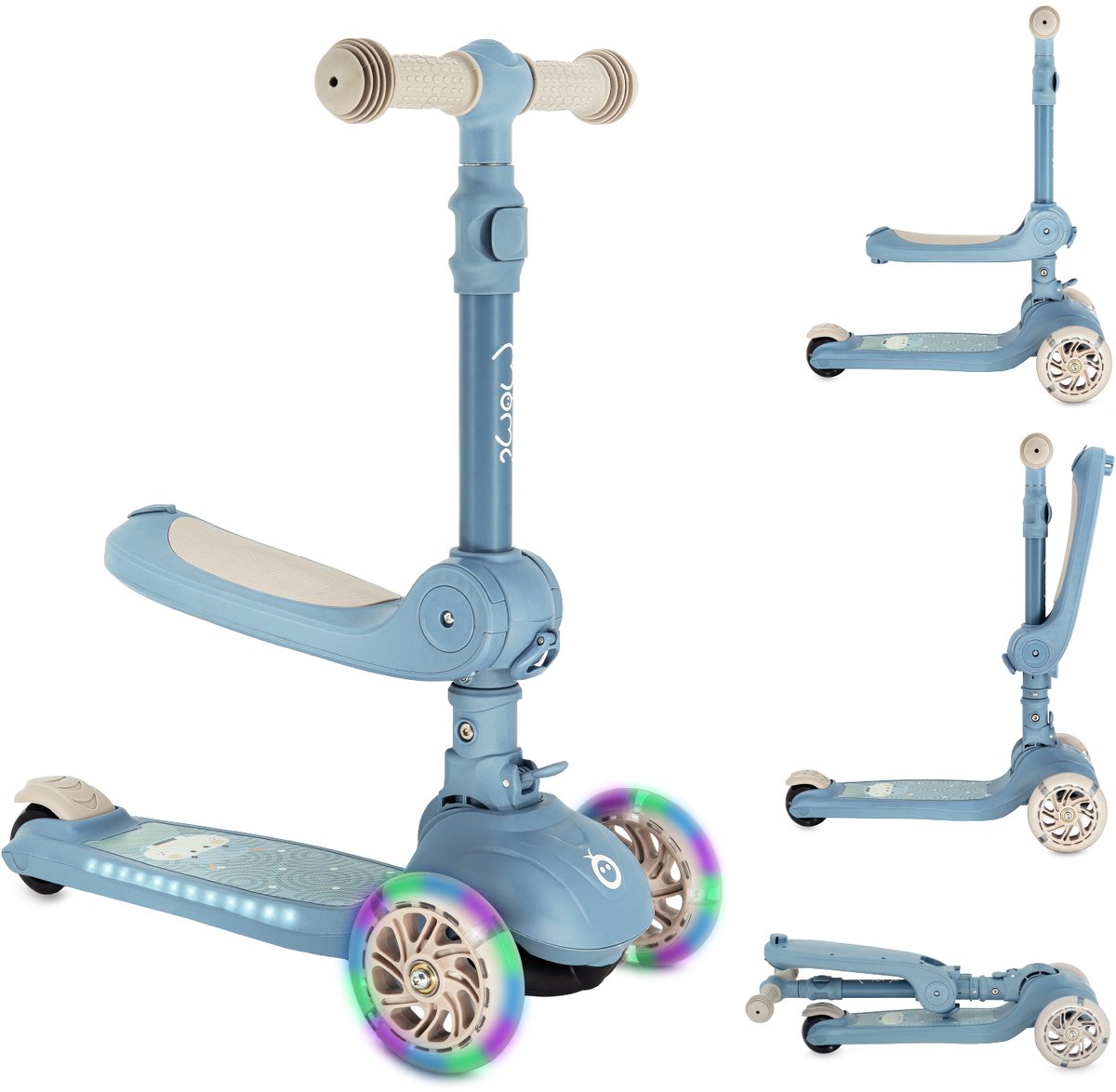 MoMi DEBE - 2-in-1 Kinderstep met Zitje - Opvouwbaar - LED Wielen - Verlicht Deck - Blauw