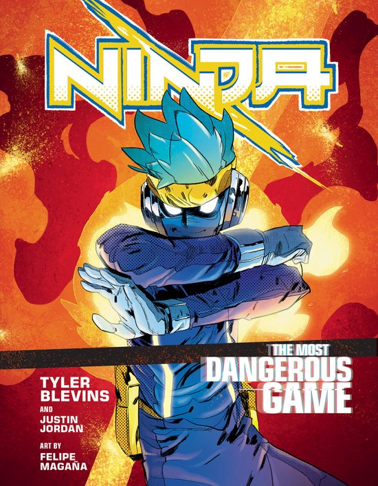 Een anime-stijl personage met blauw haar en een masker, met de tekst "NINJA THE MOST DANGEROUS GAME".