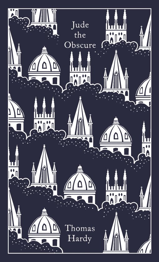 Couverture bleu foncé avec des croquis blancs de clochers et de dômes, avec les titres 'Jude the Obscure' et 'Thomas Hardy'.