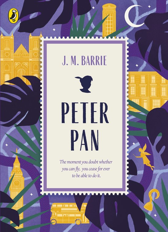 Boek Peter Pan, met een silhouet van Peter Pan en de tekst 'J. M. BARRIE PETER PAN'