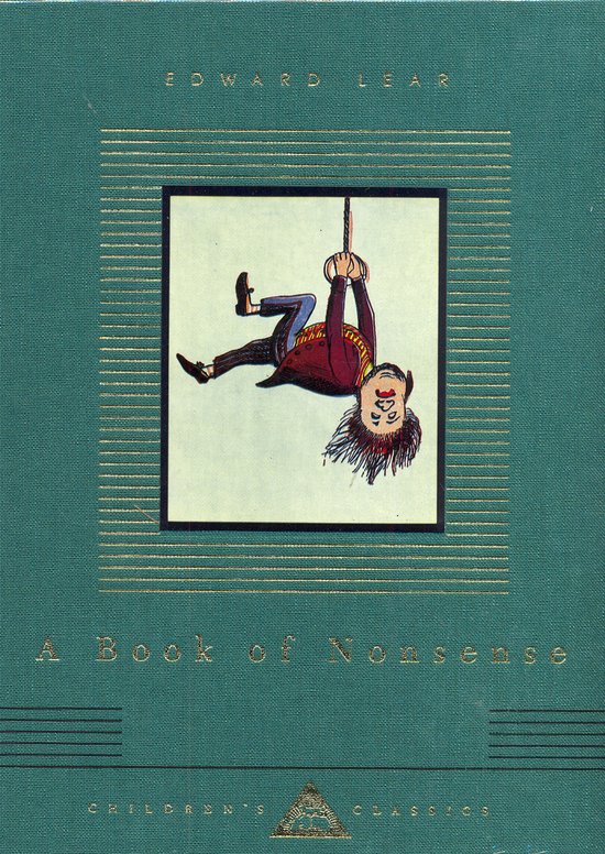Boek "A Book of Nonsense" van Edward Lear met een illustratie van een jongen die ondersteboven aan een touw bungelt.