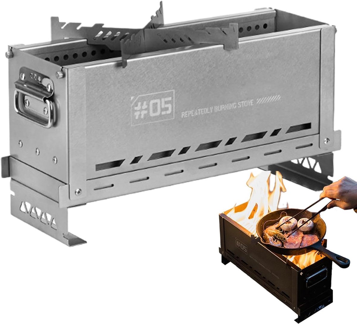 Campingkachel RVS - Draagbaar fornuis - Buiten koken - Verbeterde verbranding - 40 x 14 x 8 cm - Zilver