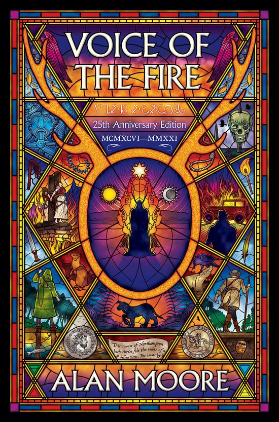 Boekomslag van 'Voice of the Fire' in glas-in-lood stijl metAlan Moore's naam onderaan.