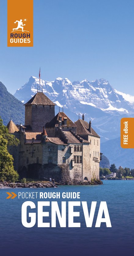 Pocket Rough Guide Genève. Kasteel aan het water met besneeuwde bergen op de achtergrond.