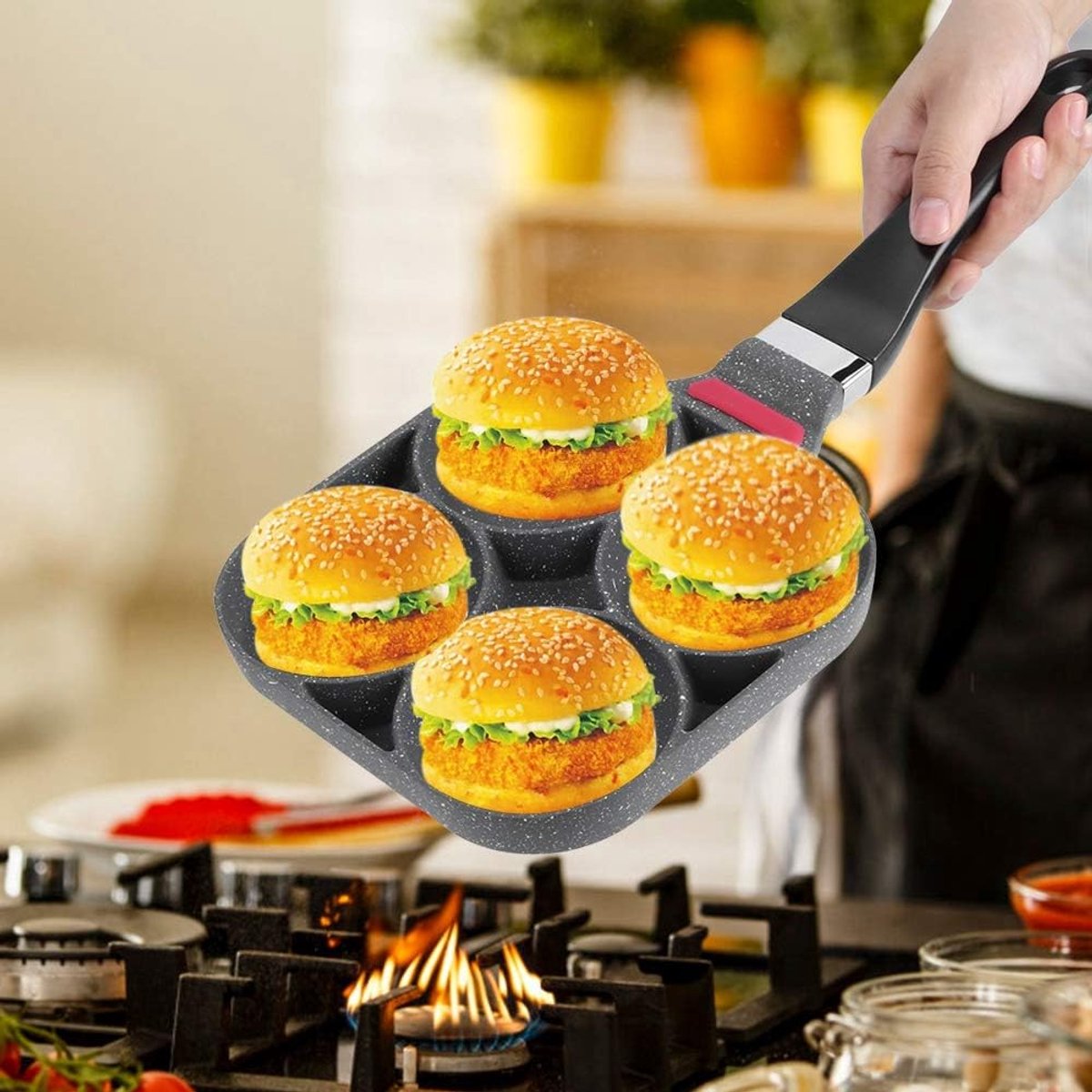 Pannenkoekenpan Aluminium - Koekenpan 4-kops - Ontbijt Maken - Antiaanbaklaag - 40 cm - Zwart