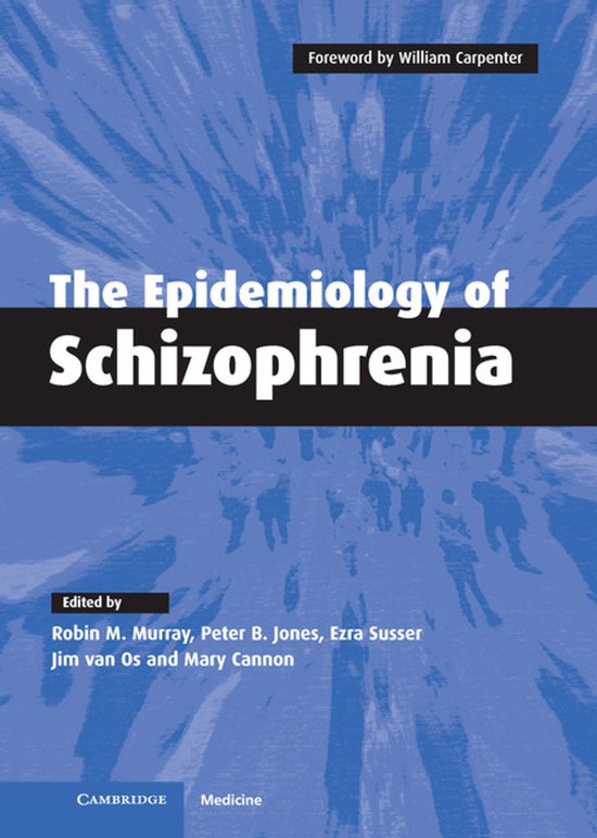 Boekomslag 'The Epidemiology of Schizophrenia' met een abstracte blauwe achtergrond en donkere figuren.