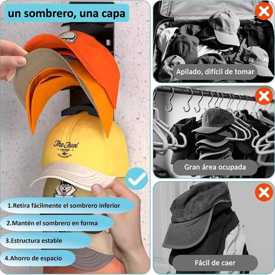 Een hand plaatst oranje, bruine en gele petten op een zwart cap rek. Instructies voor gemakkelijke verwijdering, vormbehoud, stabiliteit en ruimtebesparing.