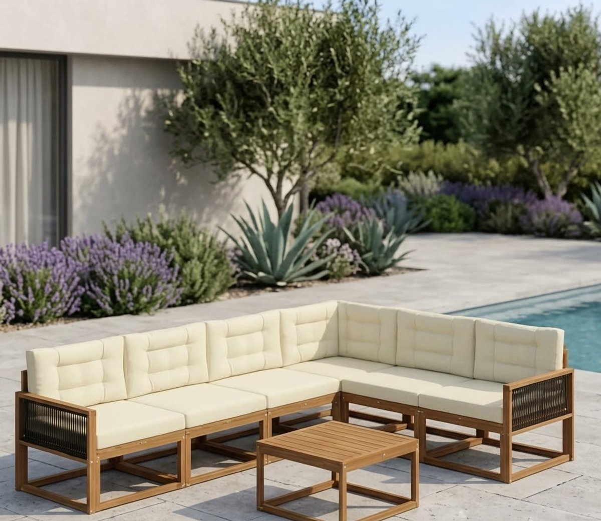 Luxe 8-delige Modulaire Acacia Houten Loungeset – Weerbestendige Tuinset met Crème Kussens – Moderne Outdoor Loungemeubelen voor Tuin, Terras, Balkon en Zwembad Medahomestore