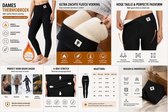 Zwarte dames thermolegging met hoge taille, zachte fleece voering, elastische tailleband en logo detail.