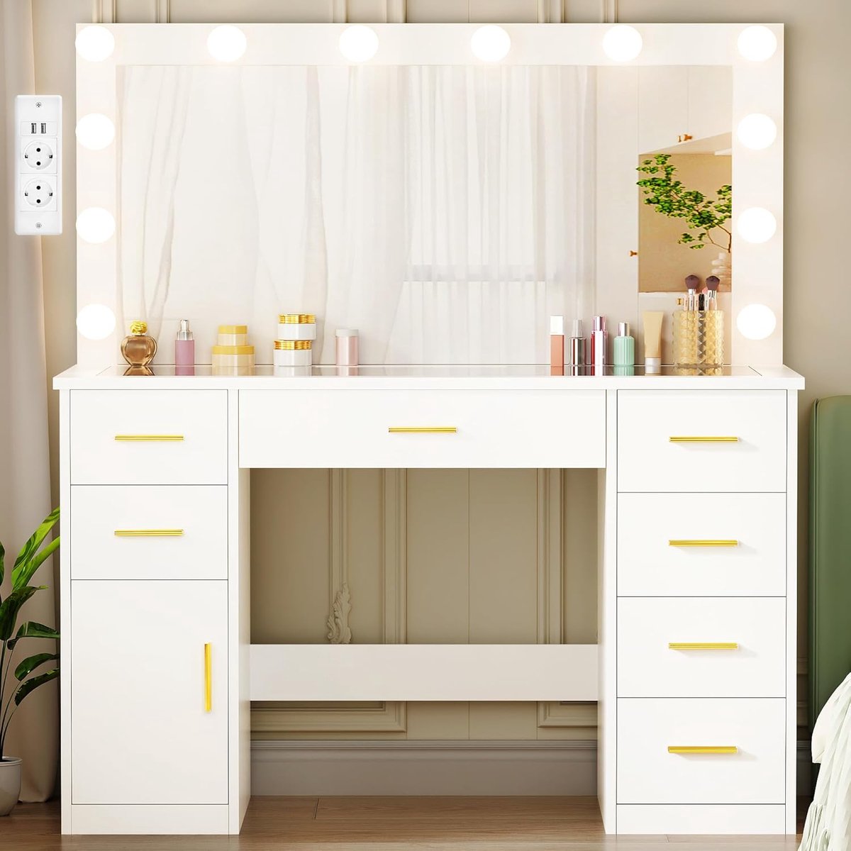 Make-uptafel met spiegel - Kaptafel met lades - Make-up aanbrengen - Ingebouwd laadstation - 110 x 40 x 140 cm