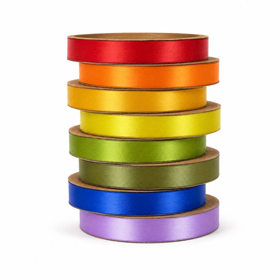 Stapel van 8 rollen satijnlint, regenboogkleuren: rood, oranje, geel, limegroen, groen, blauw, paars.