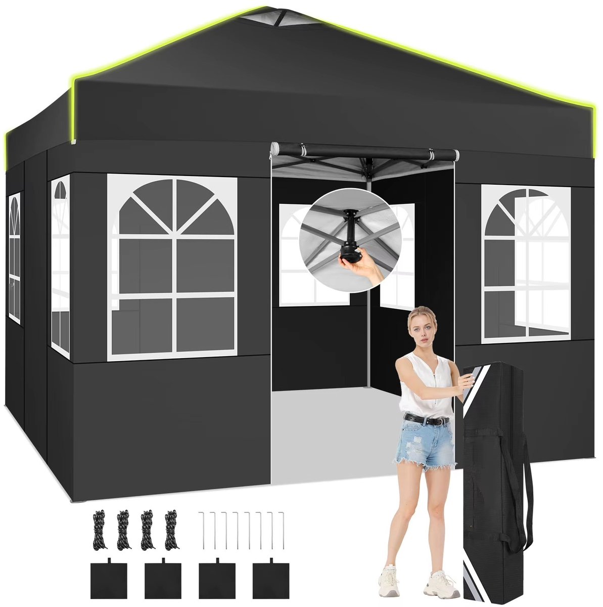 CreateEcom Partytent - Paviljoen - Partytent 3x3 - Waterdichte Feesttent met 4 Zijwanden - Verstelbare Hoogte - Snelle Montage UV-bescherming - met gaasventilatieopening - Zwart