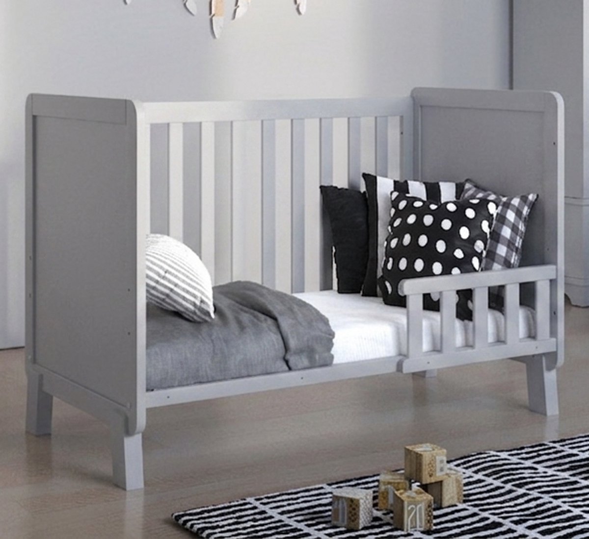Love For Sleep Francis Babybedje 2-in-1 – Meegroeibed 120x60 cm – Met Extra Uitvalbeveiliging – Ruimtelijk Design – Exclusief Matras – Massief Grenenhout – Grijs