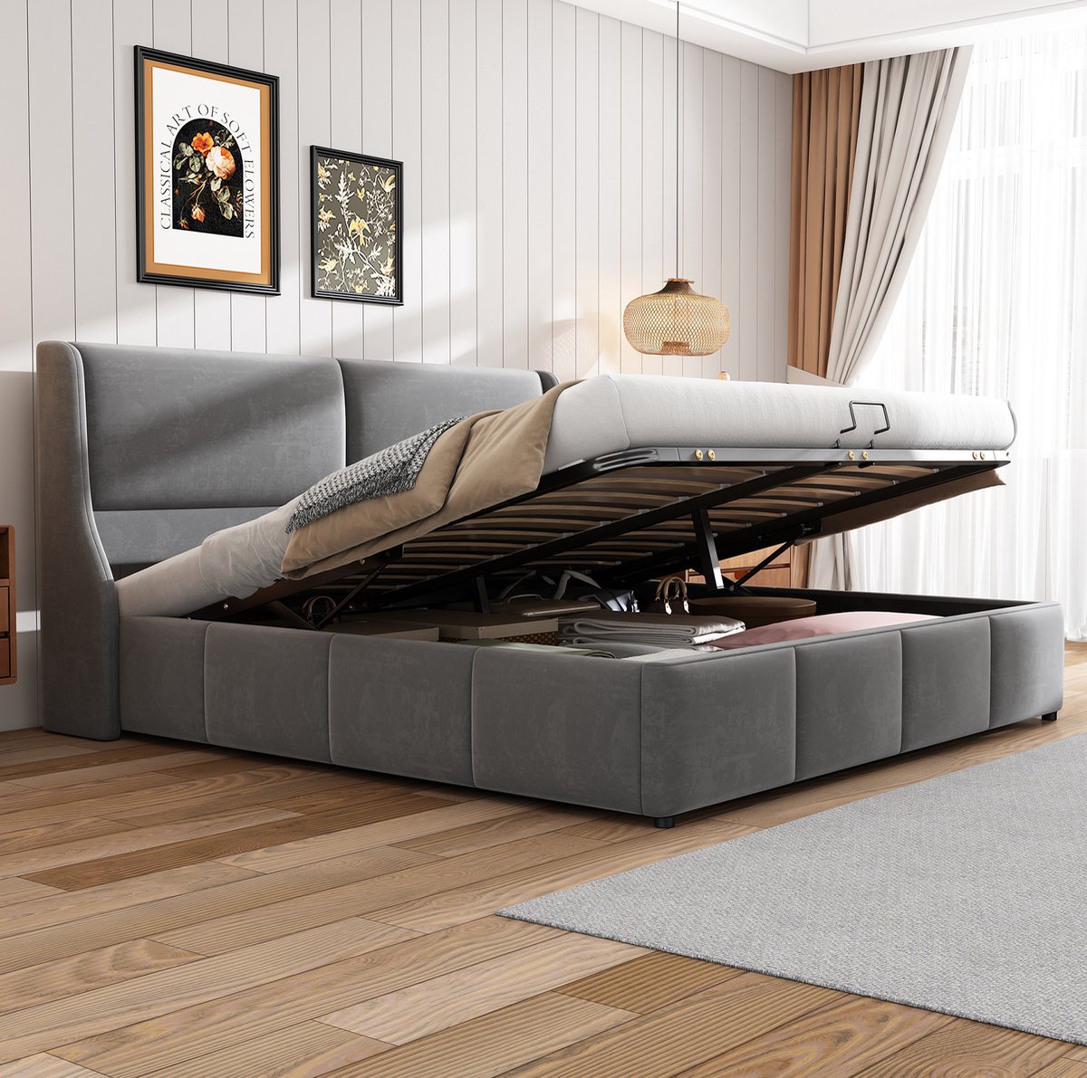 MEUNIQ gestoffeerd tweepersoons opbergbed 180x200 cm met hydraulisch hefmechanisme, lattenbodem en hoog hoofdbord voor slaapkamer, grijs