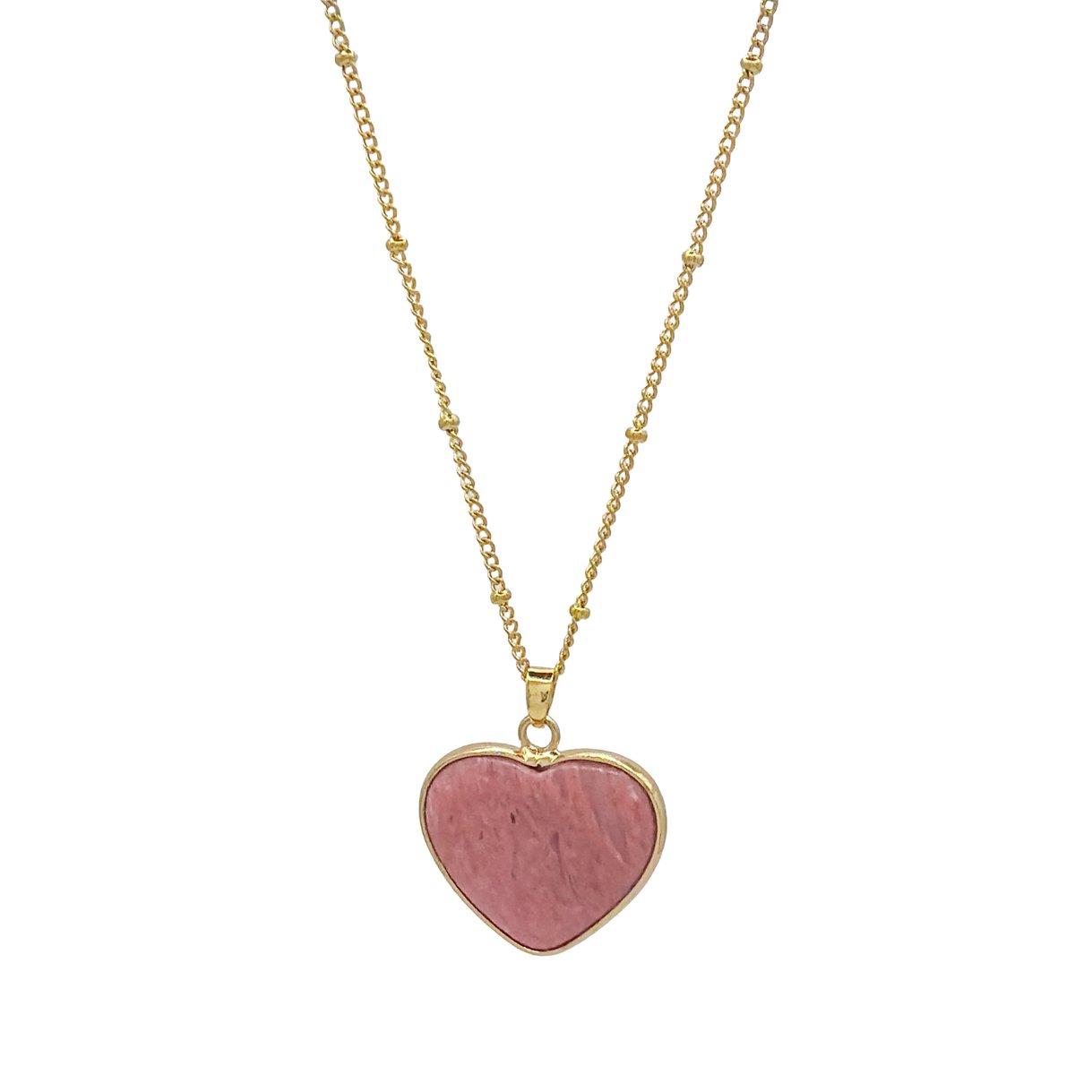 LOUIZ Ketting met Rhodoniet Hartje - Edelsteen Ketting - Goudkleurig Stainless Steel - Waterproof en Nikkelvrij - Cadeau met betekenis