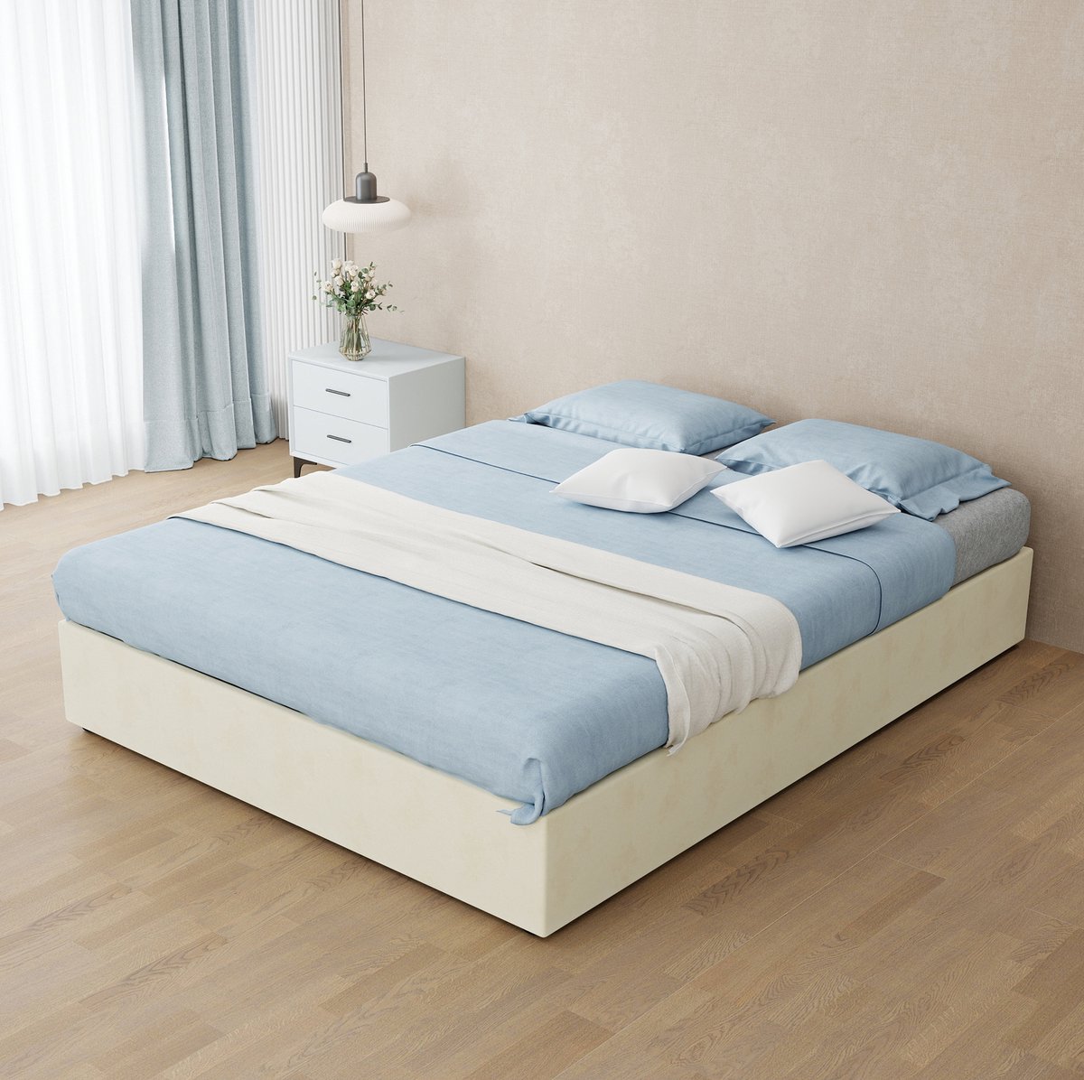 MEUNIQ bedframe 140x200 cm met gaslift en lattenbodem, zonder hoofdbord en matras, tweepersoons normaal bed voor slaapkamer, beige stof en metaal