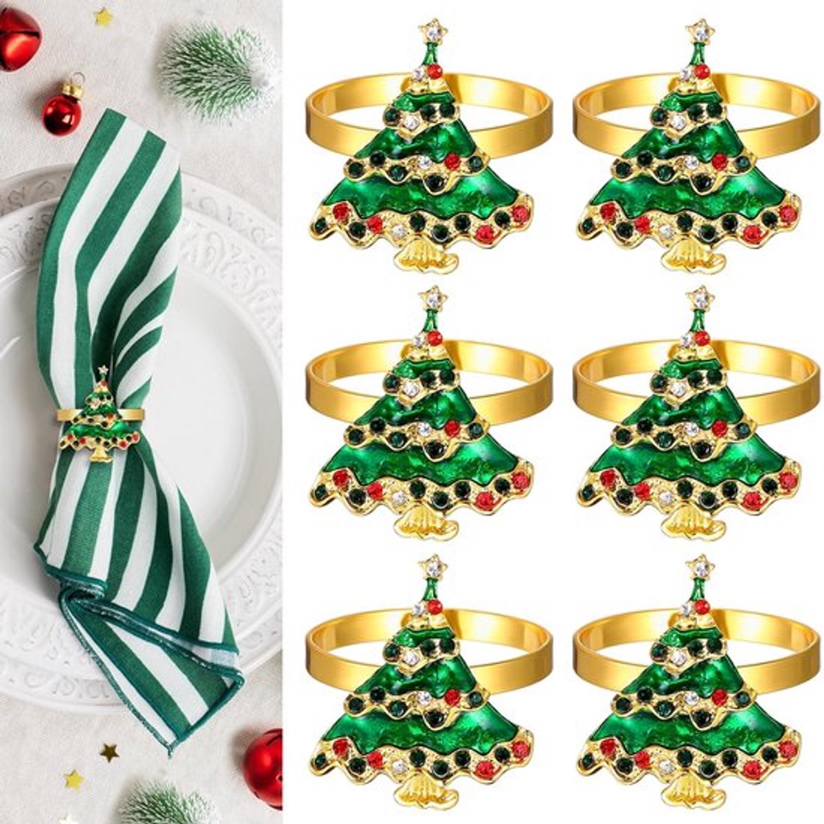 Allecto - Servetringen - Vintage Kerstboom Servetklemmen - 6 Stuks - Duurzaam