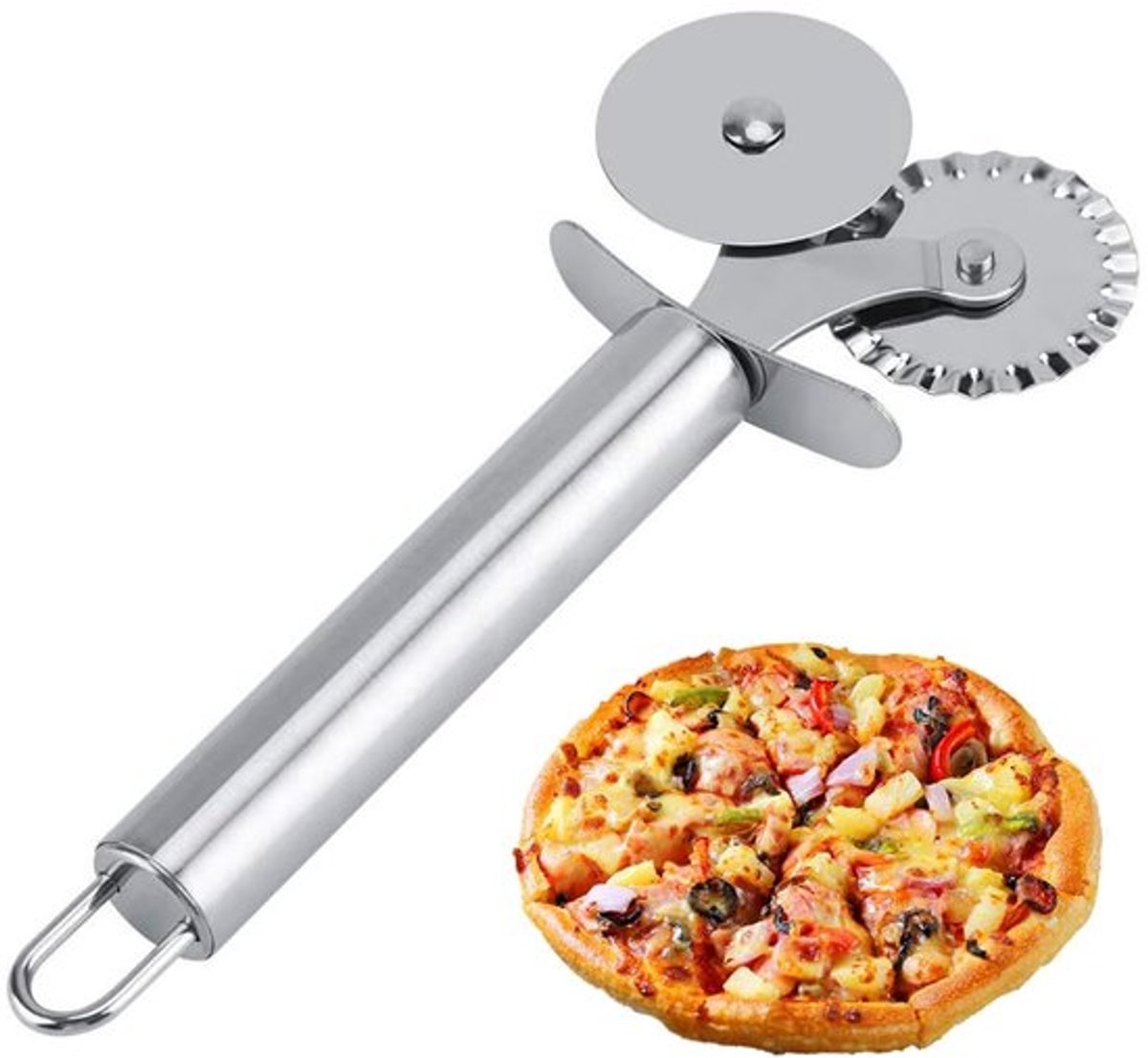 Dailygoody - Pizzasnijder - Deegsnijder - Dubbele pizzaroller - Zilver