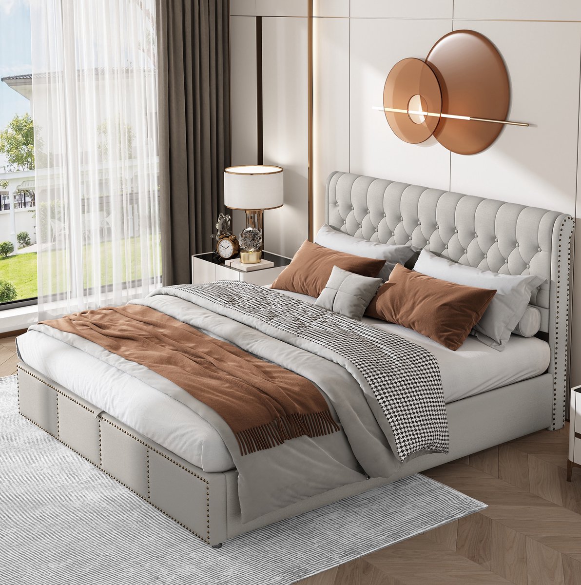 MEUNIQ gestoffeerd tweepersoons bed 160 x 200 cm met opbergruimte, hydraulische heffing, lattenbodem, hoge bedrugleuning en nageldetail voor de slaapkamer, grijs Lichtgrijs