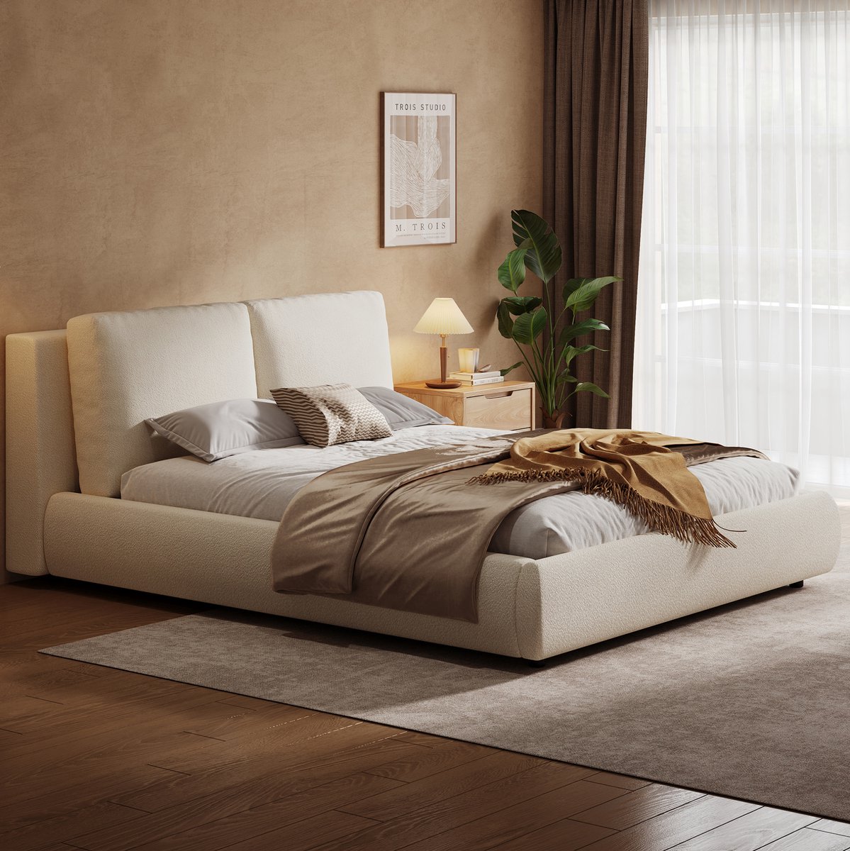 MEUNIQ tweepersoons gestoffeerd bed 180x200 cm met lattenbodem, hoofdbord en opbergruimte onder het bed, bouclé stof, bedframe voor slaapkamer, beige