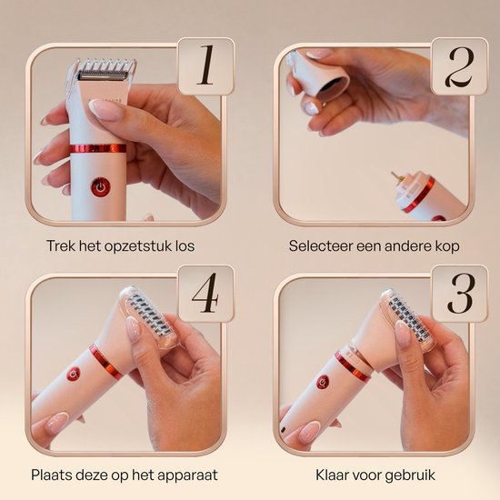 Stappen voor het wisselen van opzetstukken op een roze ladyshave met rode accenten.