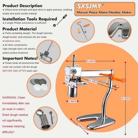 Pastamachine Handmatig - Noodle Maker - Zelf Pasta Maken - 8 Verschillende Mallen - 14.3 Pond - Zilver van Pastamachine — afbeelding 2