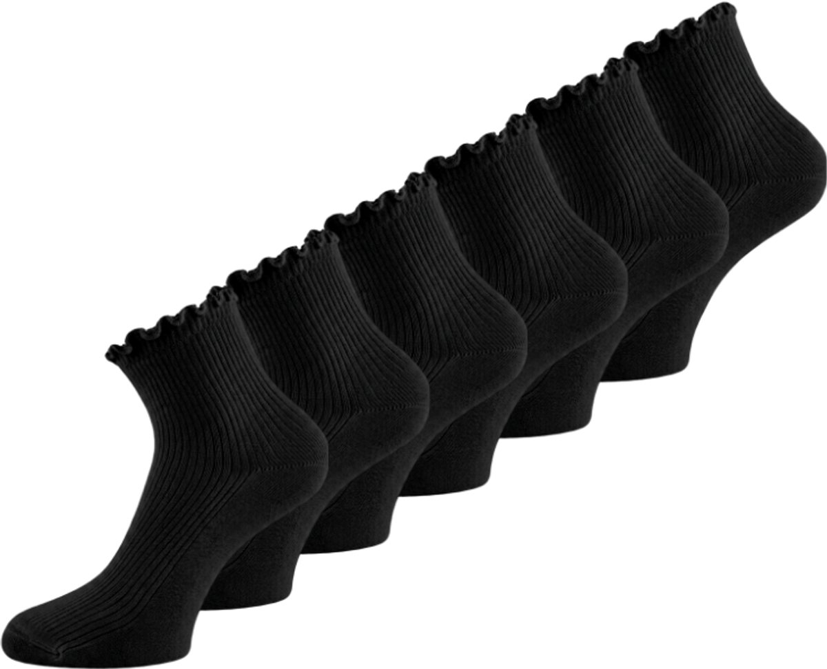 6 paar quarter damessokken met ruches - Naadloos - Katoenen sokken - SQOTTON® - Zwart - Maat 35-38