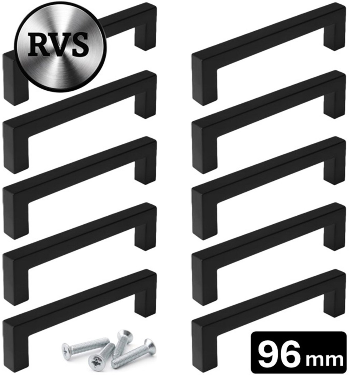 10 X MSQDESIGN Zwarte RVS Handgrepen 96mm - Handgreep zwart - Handgrepen keukenkastjes - Keukengrepen zwart - Kastgrepen - Meubelgrepen - Handgrepen deurtjes kast - Handgreep keuken - Deurgreepjes - ladegreep - Meubelgreep zwart