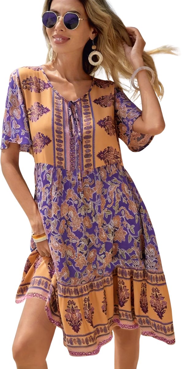 Currero Zomerjurk Dames Zomerjurken Volwassenen Vrouwen Midi Jurk Ibiza Stijl Sundress Dress Gemengde Kleur XL Multicolor
