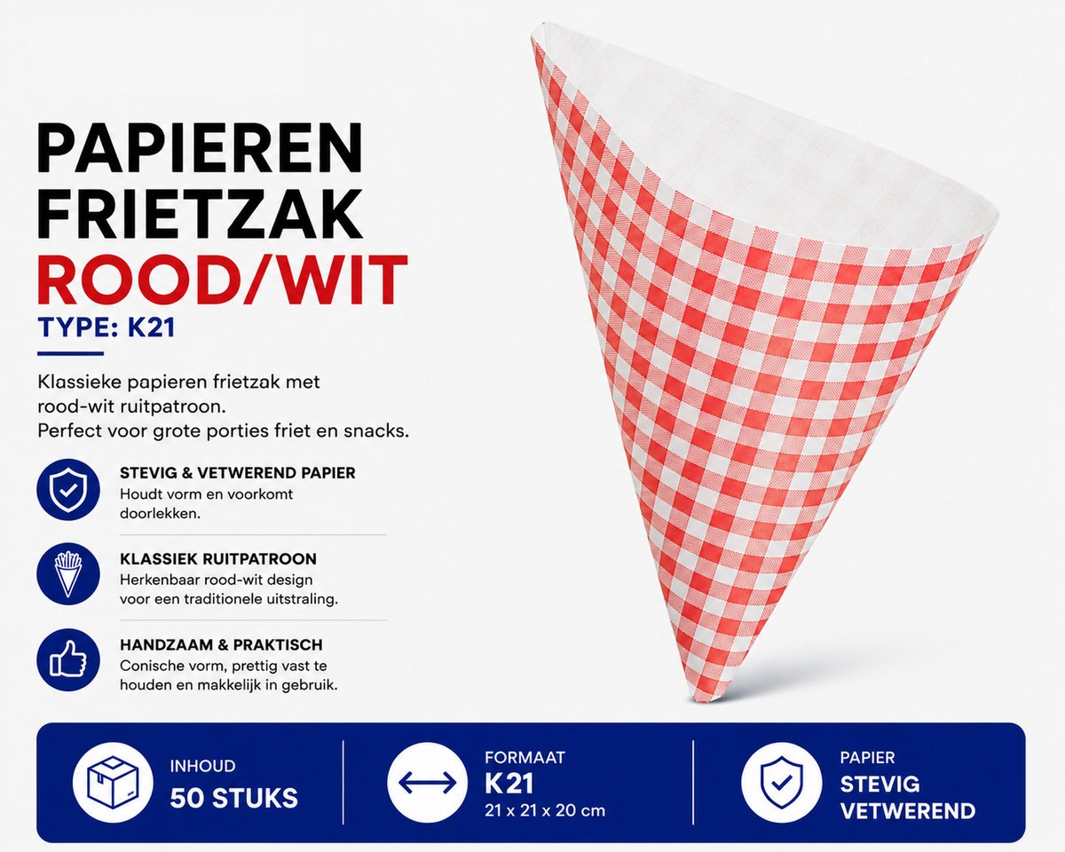 Propacker Papieren Frietzakken K21 - 50 Stuks - Witte Puntzakken - Vetwerend Kraftpapier - Voor Friet, Snacks, Snackbar & Horeca