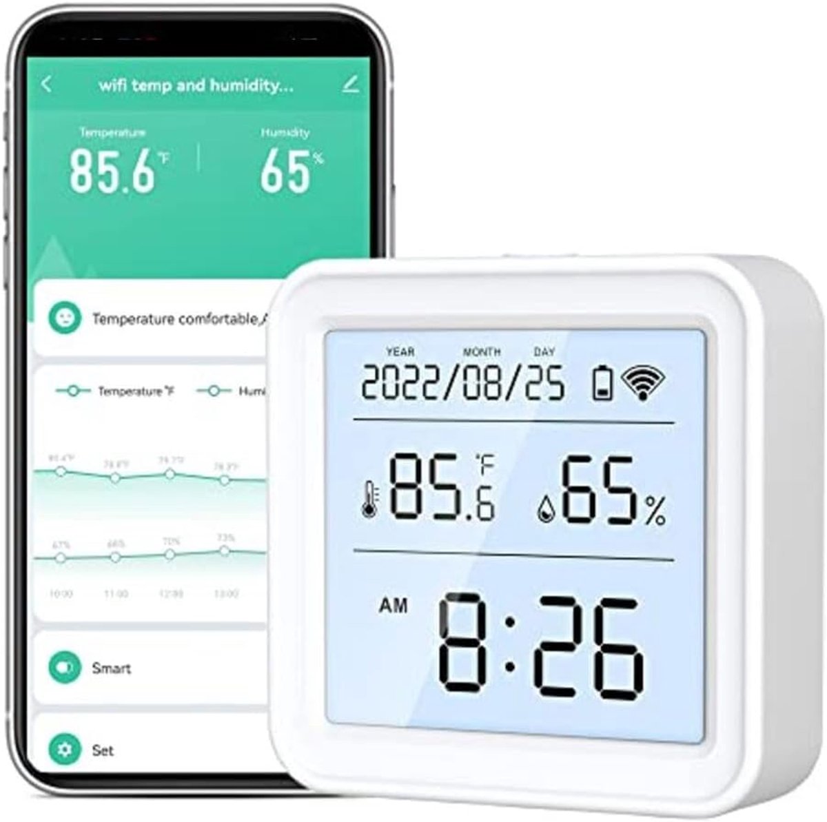 Temperatuur Vochtigheid Monitor - Slimme Sensor Alerts - Klimaat Bewaken - App Meldingen - 7.1x7.1x2.3cm - Wit
