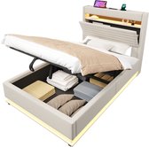 Lit rembourré 90x200 cm - avec fonction de charge USB Type-C - avec éclairage LED - espace de rangement escamotable - sans matelas - beige