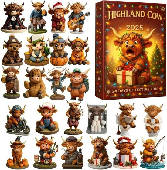 Calendrier de l'avent 'Highland Cow' 2025 avec 24 figurines de vaches différentes, dont un Père Noël et un guitariste.