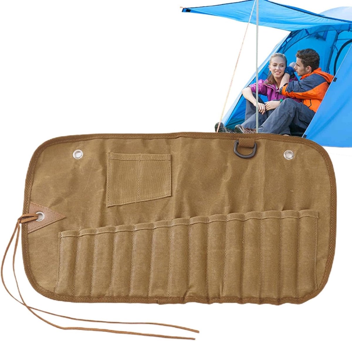Bestekorganisator - Oprolbare tas - Kamperen buiten - Ophangbaar ontwerp - 14 gaten - Canvas